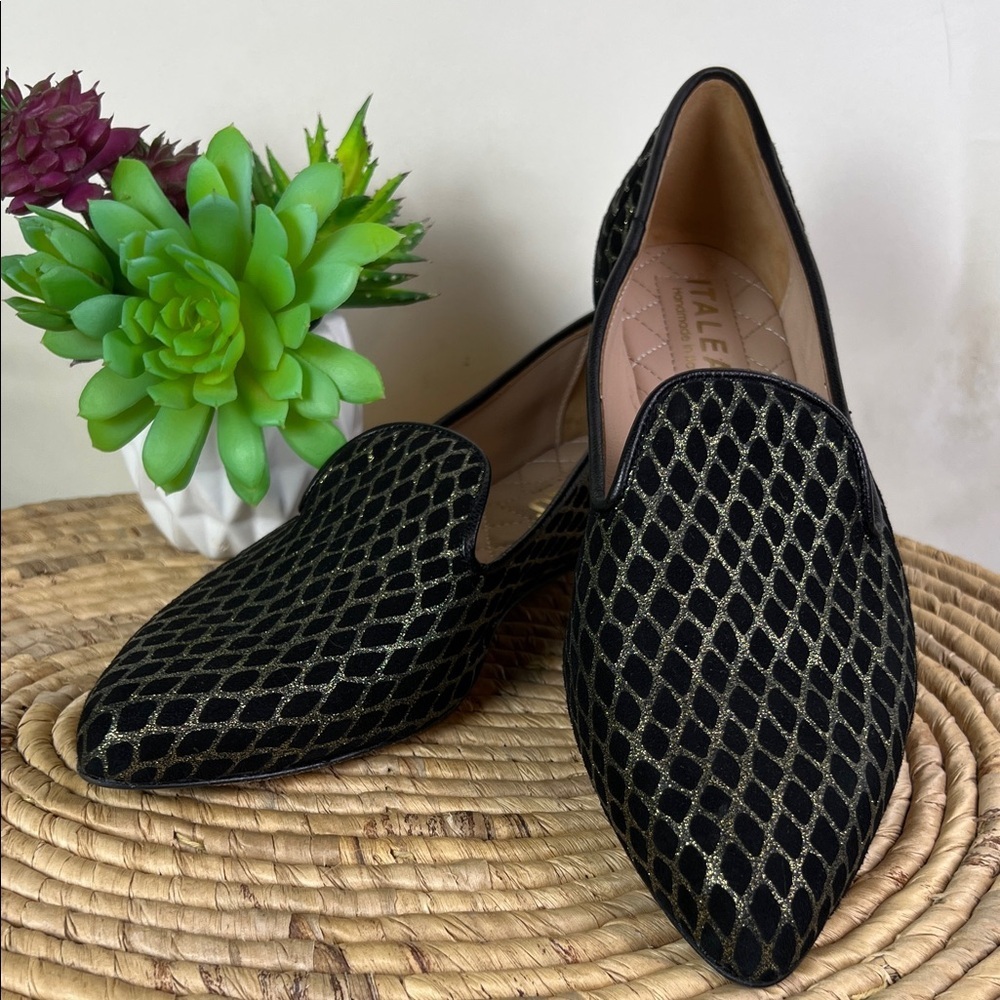 Italeau Theresa Loafers Black With Metallic Harlequin Pattern Smoking Flat 38 - Picture 1 of 11